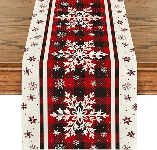 Artoid Mode Buffalo Plaid Snowflakes Christmas Table Runner, Seasonal Winter Kitchen Dining Table Decoration for Home Party Decor 13x36 Inch ArtoidMode