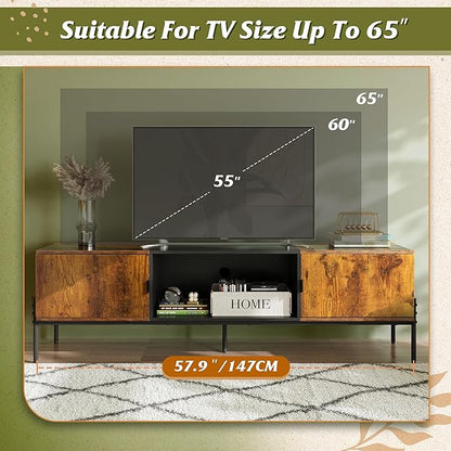 WLIVE Modern TV Stand for 65 Inch TV, Mid Century Entainment Center with Storage, TV Console with Open Shelf and 2 Cabinets for Bedroom and Living Room, TV Cabinet with Metal Legs, Rustic Brown - LeafyLoom