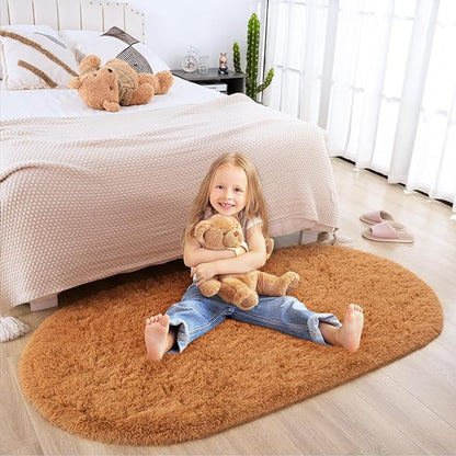 Merelax Soft Shaggy Rug for Kids Bedroom Oval 2.6'x5.3' Khaki Plush Fluffy Carpet for Living Room, Furry Carpet for Teen Girls Room, Anti-skid Fuzzy Comfy Rug for Nursery Decor Cute Baby Play Mat - LeafyLoom