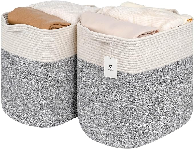 Large Cotton Tall Rectangle Small Laundry hamper Dog Toy Storage Baskets Woven Basket Bins Foldable Medium With Handle Toys and Fabric Storing Storage Silver Gray 2 Pack - LeafyLoom