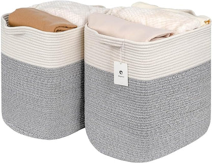 Large Cotton Tall Rectangle Small Laundry hamper Dog Toy Storage Baskets Woven Basket Bins Foldable Medium With Handle Toys and Fabric Storing Storage Silver Gray 2 Pack - LeafyLoom