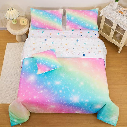 Glitter Galaxy Comforter Set 6 Pcs Bed in A Bag, Ombre Pink Blue Rainbow Girls Full Size Bedding Sets with Sheets - LeafyLoom