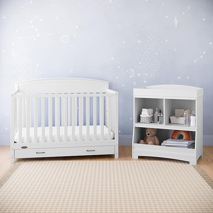 Graco Benton 5-in-1 Convertible Crib with Drawer (White) - Converts from Baby Crib to Toddler Bed, Daybed and Full-Size Bed, Fits Standard Full-Size Crib Mattress, Adjustable Mattress Support Base - LeafyLoom