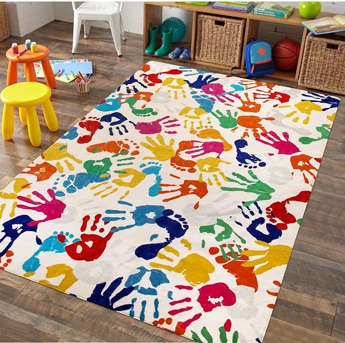 Handprints and Footprints Large Kids Rug 5'x7', Washable Colorful Area Rug for Nursery Room, Non-Slip Play Mat Ultra Soft Indoor Carpet for Bedroom Playroom Classroom - LeafyLoom