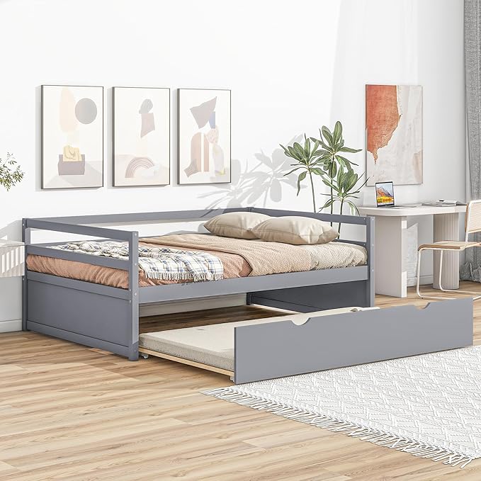 Twin Size Daybed with 2 Trundle,Multifunction Solid Wood Bed Frame,W/Wooden Slat Support,No Box Spring Needed,for Bedroom Apartment,Guest room,Gray - LeafyLoom