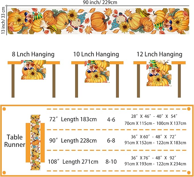 Fall Table Runner 90 Inches Long Autumn Table Runner Pumpkins Maple Leaves Gnome Fall Theme Decor for Kitchen Dining Table Home Party Decorations Unibyby