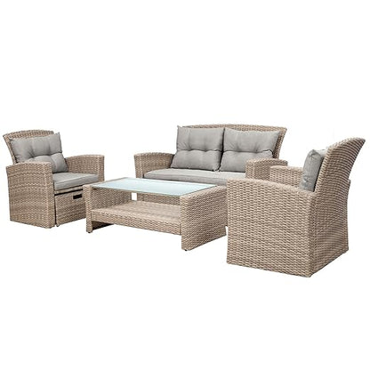 Set, 4 Piece Outdoor Wicker Rattan Sectional Sofa with Glass Table, Ottoman and Soft Cushions, Front Porch Apartment Patio Furniture for Backyard Lawn Garden, Onesize, E-Gray-e - LeafyLoom