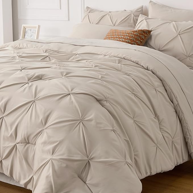 Bedsure California King Comforter Set - Cal King Bed Set 7 Pieces, Pinch Pleat Beige Cali King Bedding Set with Comforter, Sheets, Pillowcases & Shams - LeafyLoom