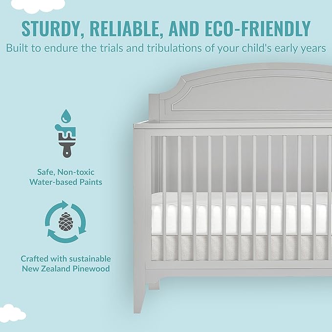 JPMA & Greenguard Gold Certified Milton 5-in-1 Convertible Crib Made with Sustainable New Zealand Pinewood in Pebble Grey, Non-Toxic Finish - LeafyLoom