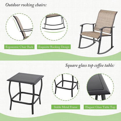 Shintenchi 3 Piece Rocking Bistro Set, Outdoor Furniture with Rocker Chairs and Glass coffee table set of 3, Balcony, Porch Furniture for Small Space, Brown - LeafyLoom