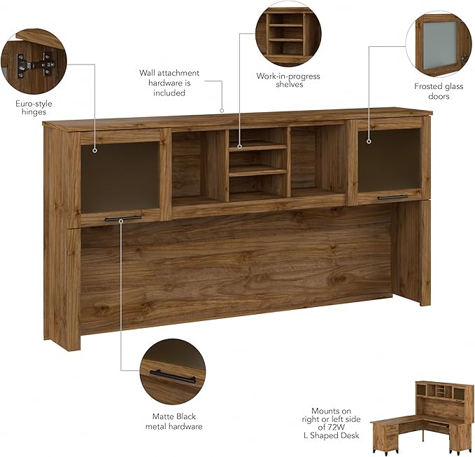 Bush Furniture Somerset Desk Hutch, Attachment with Shelves and Cabinets for Home Office, 72W, Fresh Walnut - LeafyLoom