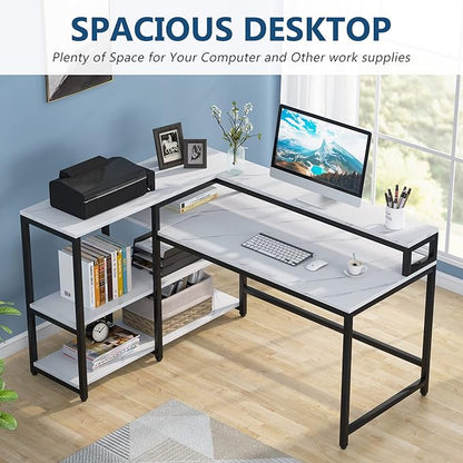 Reversible L Shaped Computer Desk with Storage Shelf, Industrial Corner Desk with Monitor Stand for Home Office - LeafyLoom