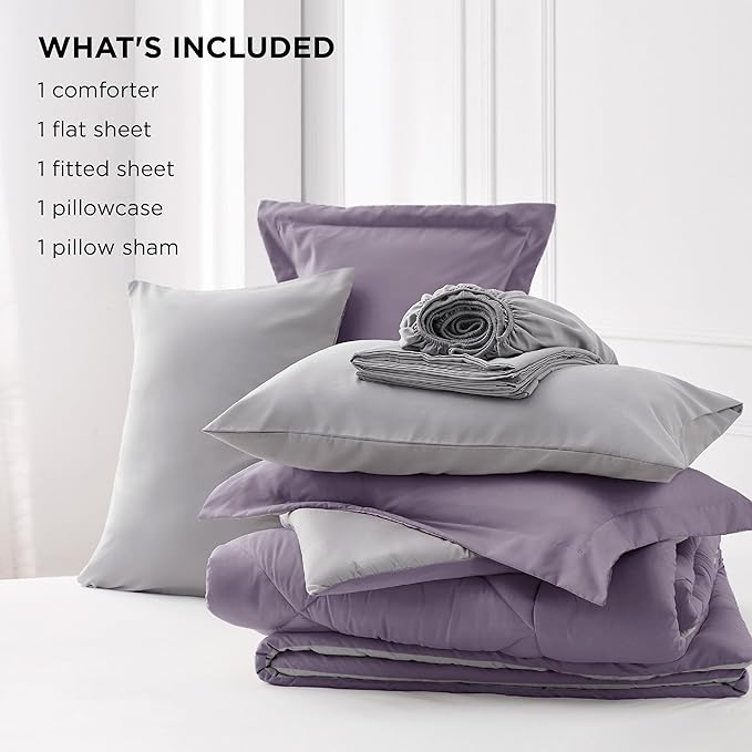 Bedsure Grayish Purple Twin Comforter Set - 5 Pieces Reversible Twin Bed in a Bag, Extra Long Twin Bed Set Grayish Purple and Grey with Comforters, Sheets, Pillowcase & Sham - LeafyLoom