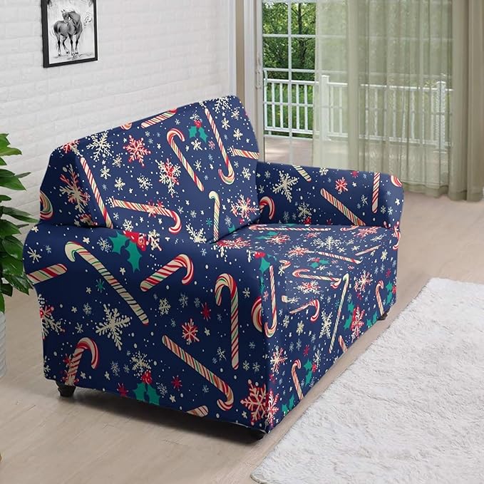 FKELYI Christmas Easy Going Stretch Sofa Slipcover Blue Candy Cane Furniture Protector Easy Going Stretch Sofa Slipcovers with Elastic Bottom M FKELYI