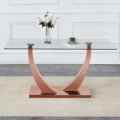 Modern Glass Table with Rectangular Tempered Tabletop,Dinner Desk Set for 4-8 People W, Home,Kitchen,Dining Room,Office,Rose Gold+Clear Finish, 63" U-Shape Pedestal Base - LeafyLoom