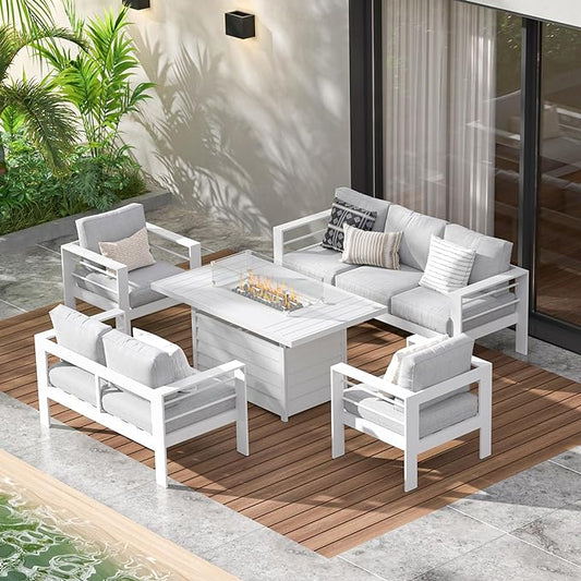 Wisteria Lane Aluminum Patio Furniture Set, 5 Piece Metal Outdoor Furniture Set with CSA Certified 54in Propane Gas Fire Pit Table, Patio Conversation Set with 5in Olefin Cover Cushions (White) - LeafyLoom