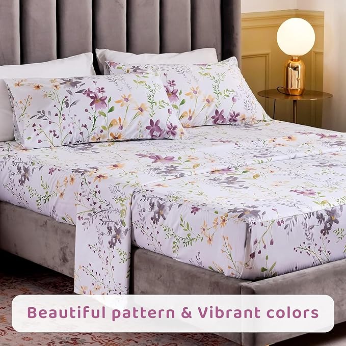 QSH Wild Floral Printed Bed Sheets Egyptian Cotton Yellow Flower Botanical Pattern King Size Sheets Extra Deep Pocket 17.5" - LeafyLoom