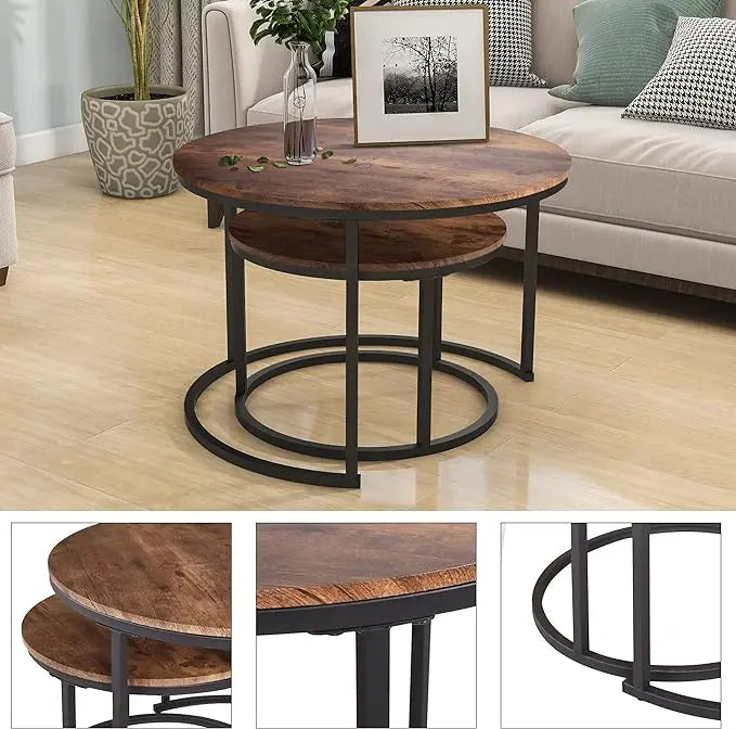 Industrial Round Coffee Table Set of 2 End Table for Living Room,Stacking Side Tables, Sturdy and Easy Assembly,Wood Look Accent Furniture with Metal Frame,Black+Rustic Brown - LeafyLoom