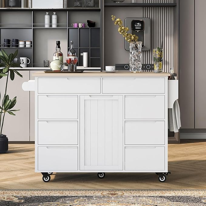 Kitchen Island with Storage, Rolling Table on Wheels w/Handle-Free Drawers Including a Flatware Organizer for Dinning Room, Rubber Wood Contertop - LeafyLoom