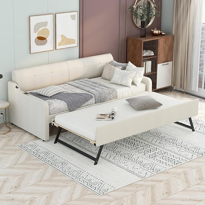 Upholstered Daybed with Pop Up Trundle, Twin Size Daybed with Trundle and USB Charging Ports, for Living Room Bedroom Guest Room, Beige - LeafyLoom