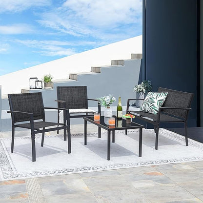 Greesum 4 Pieces Patio Furniture Set Outdoor Conversation Textilene Fabric Chairs for Lawn, Garden, Balcony, Poolside with A Glass Coffee Table, Black - LeafyLoom