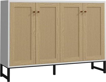 Panana Sideboard Accent Storage Cabinet with Rattan Decorated 4 Doors Dining Room Freestanding Kitchen Buffet Table Cupboard (White) - LeafyLoom