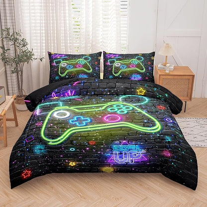 Boys Queen Size Bedding Set, Kids Bedding Sets for Boys, Gaming Comforter Sets for Boys, Teen Boys Gaming Bedding Sets, Gamer Room Decor for Boys Teens Girls (1 Comforter +2 Pillowcases) - LeafyLoom