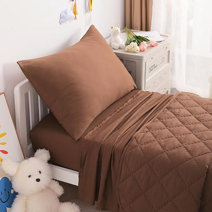 NTBAY Toddler Bedding Set - 4 Piece Soft and Breathable Crib Bedding Set for Boys and Girls, Includes Quilted Comforter, Fitted Sheet, Flat Top Sheet and Envelope Pillowcase, Brown - LeafyLoom