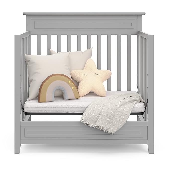 STORKCRAFT Petal 4-in-1 Convertible Mini Crib (Pebble Gray) – GREENGUARD Gold Certified, Converts to Daybed and Twin-Size Bed, Includes Bonus 2.75-inch Mini Crib Mattress - LeafyLoom