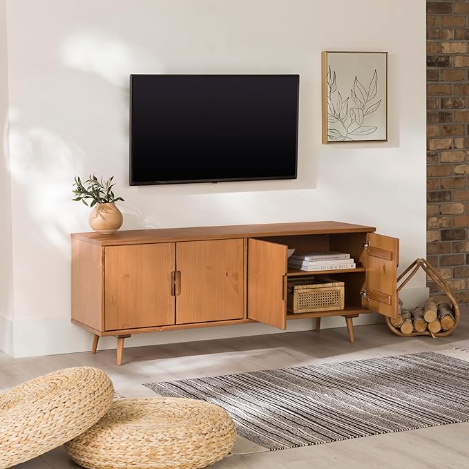 Walker Edison Genia Mid-Century Modern Solid Wood Stand for TVs up to 65 Inches, Caramel - LeafyLoom