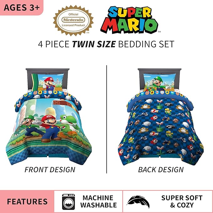 Franco Kids Bedding Super Soft Comforter and Sheet Set, 4 Piece Twin Size, Mario - LeafyLoom