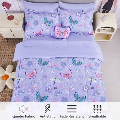 Mooreeke Bed in a Bag for Kids Girls Teens, 8 Pieces Full Size Comforter Bed Set with Shams, Sheet Set and Decorative Toy Pillow, Butterfly Purple Super Soft Microfiber Kids Comforter Bedding Set - LeafyLoom