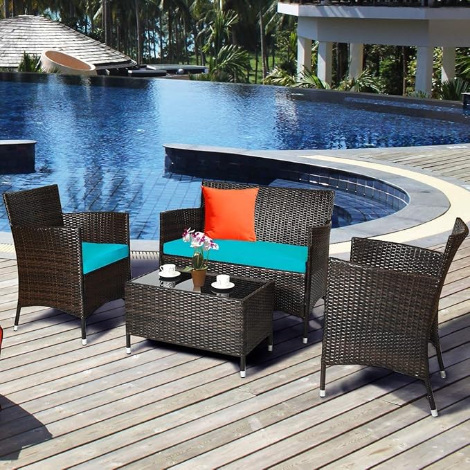 LUARANE 4-Piece Rattan Patio Furniture Set, Outdoor Wicker Sofa Couch Table Set, w/Thick Seat Cushions Tempered Glass Coffee Table, Conversation Set for Lawn Garden Poolside Backyard (Turquoise) - LeafyLoom