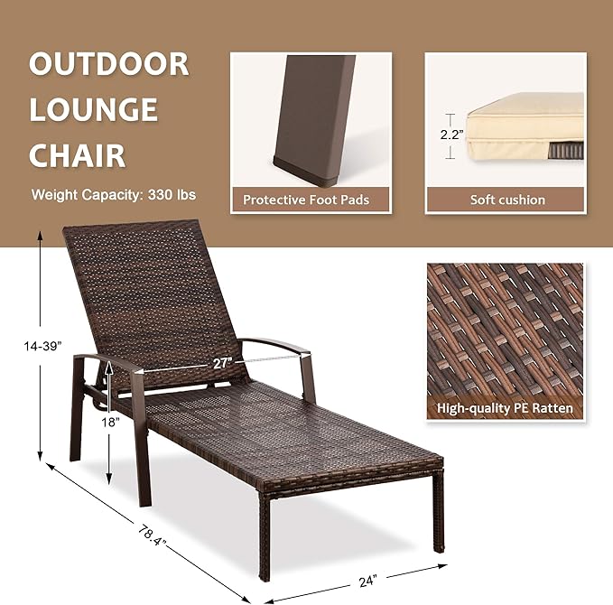 Pamapic 4 Pieces Patio Lounge Chair Set, Patio Chaise Lounges with Thickened Cushion, PE Rattan Steel Frame Pool Lounge Chair Set for Patio Backyard Porch Garden Poolside (Beige) - LeafyLoom