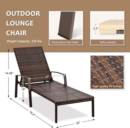 Pamapic Patio Lounge Chair, Patio Chaise Lounges with Thickened Cushion, PE Rattan Steel Frame Pool Lounge Chair Set for Patio Backyard Porch Garden Poolside(Beige) - LeafyLoom