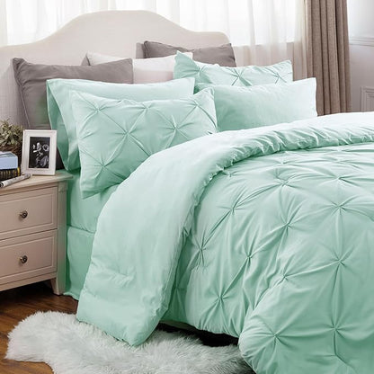 Bedsure California King Comforter Set Mint Green - Cal King Bed Set 7 Pieces, Pinch Pleat Cali King Bedding Set with Comforter, Sheets, Pillowcases & Shams - LeafyLoom