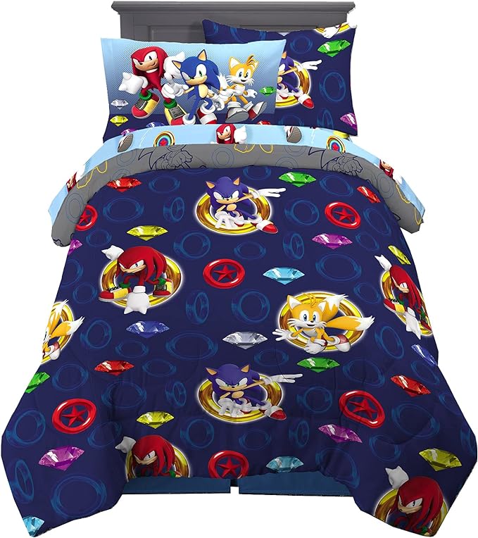 Franco Kids Bedding Super Soft Comforter and Sheet Set with Sham, 5 Piece Twin Size, Sonic The Hedgehog, Anime - LeafyLoom