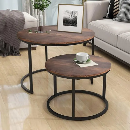 Industrial Round Coffee Table Set of 2 End Table for Living Room,Stacking Side Tables, Sturdy and Easy Assembly,Wood Look Accent Furniture with Metal Frame,Black+Rustic Brown - LeafyLoom