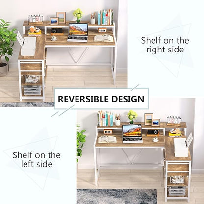 Reversible L-Shaped Computer Desk with hutch & Shelf,white - LeafyLoom