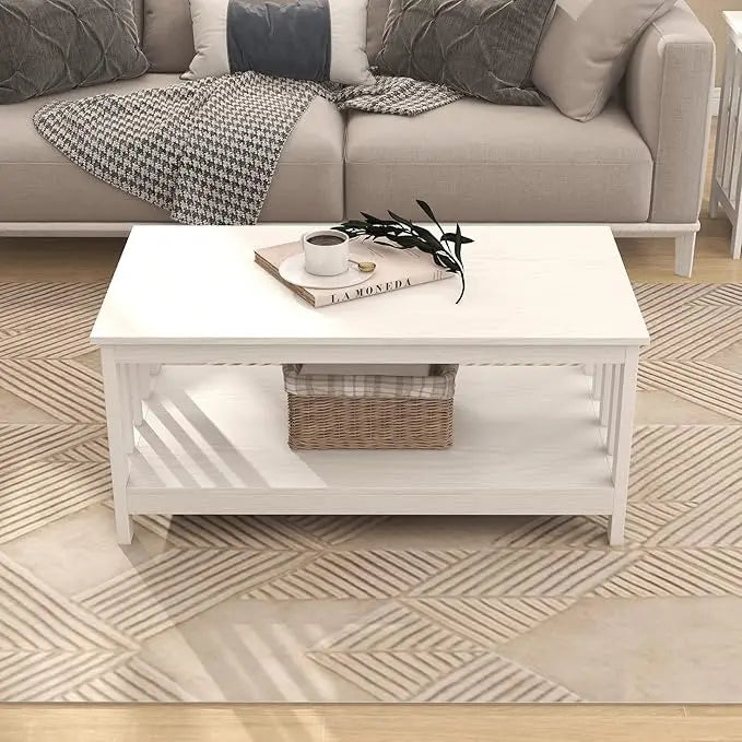 ChooChoo Farmhouse Coffee Table, Pure White Living Room Table with Shelf, 40 Inch - LeafyLoom