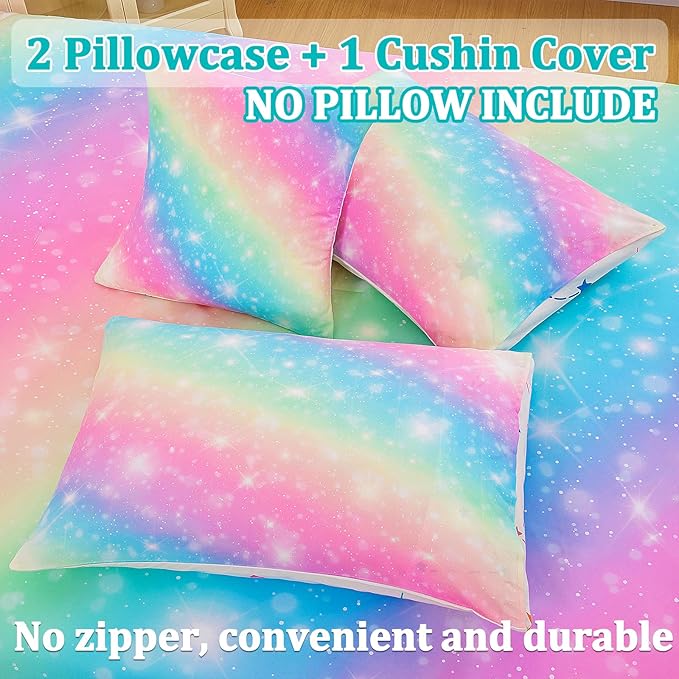 Glitter Galaxy Comforter Set 6 Pcs Bed in A Bag, Ombre Pink Blue Rainbow Girls Full Size Bedding Sets with Sheets - LeafyLoom