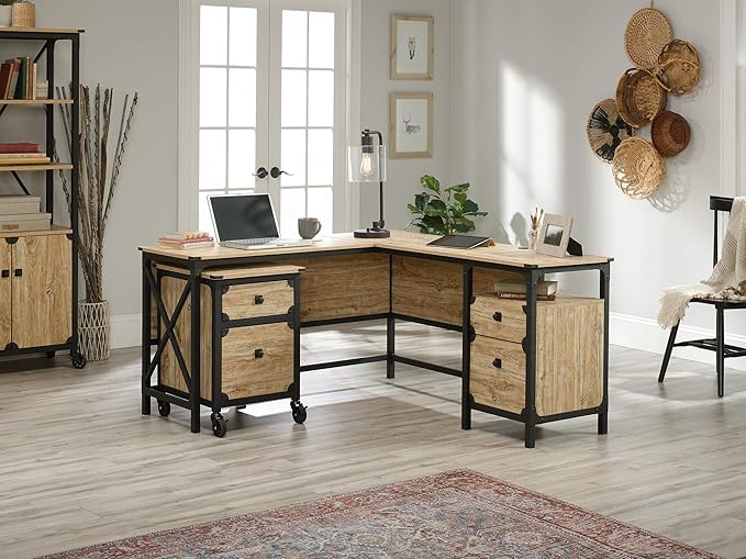 Sauder Steel River L-Shaped Desk, L: 59.84" x W: 57.32" x H: 29.53", Milled Mesquite Finish & Steel River Pedestal File Cabinet, L: 20.87" x W: 23.86" x H: 26.58", Milled Mesquite Finish - LeafyLoom