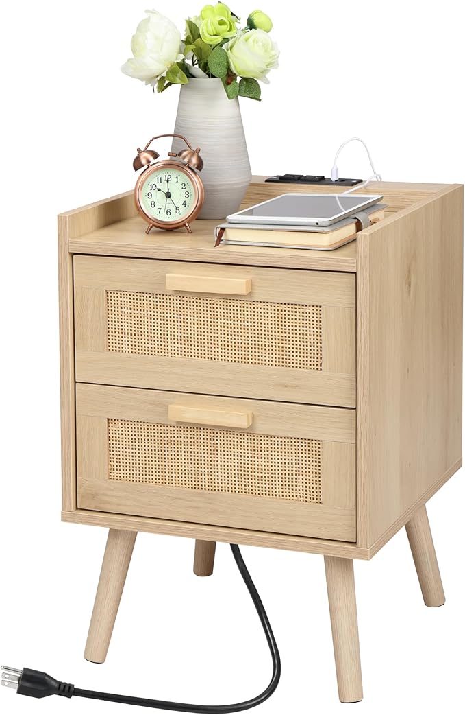 Finnhomy Nightstand with Charging Station, Bedside Table with 2 Hand Made Rattan Decorated Drawers, Night Stand with Storage for Bedroom, Natural - LeafyLoom