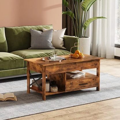 WLIVE Coffee Table, 39" Lift Top Coffee Table with Hidden Compartment and Sorage Drawers for Living Room, Rustic Brown - LeafyLoom