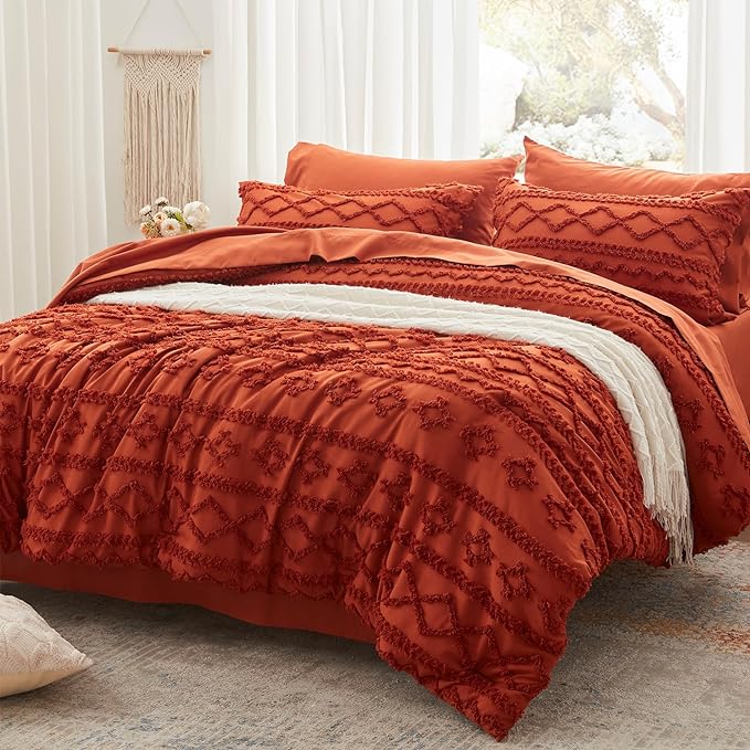 Anluoer Queen Comforter Set 7 Pieces, Burnt Orange Tufted Bed in a Bag with comforters and sheets, All Season Bedding Sets with 1 Comforter, 2 PillowShams, 2 Pillowcases, 1 Flat Sheet, 1 Fitted Sheet - LeafyLoom