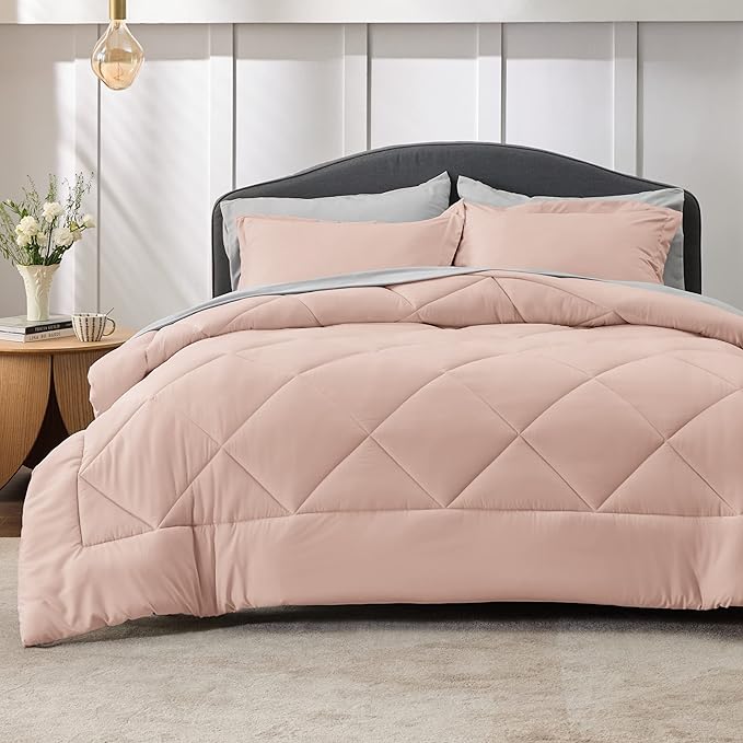 Bedsure Blush Pink Queen Comforter Set - 7 Pieces Reversible Queen Bed in a Bag Queen Bed Set with Comforters, Sheets, Pillowcases & Shams, Queen Bedding Sets - LeafyLoom