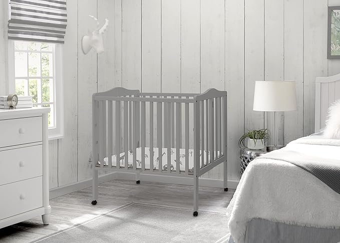 Delta Children Folding Portable Mini Baby Crib with 1.5-inch Mattress - Greenguard Gold Certified, Grey - LeafyLoom