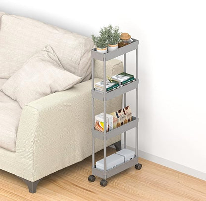 Sooyee 4 Tier Slim Storage Cart,Rolling Storage Cart,Narrow Shelf,Bathroom Rack,Mobile Shelving Unit Organizer for Kitchen, Bathroom, Laundry Room, Grey - LeafyLoom