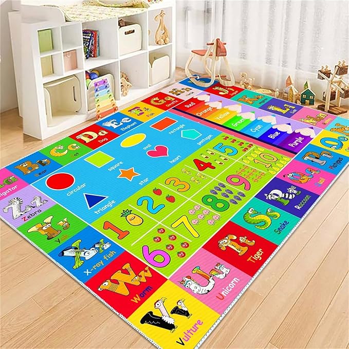 Kids Alphabet Play Game Rug - -4'x6' ABC Numbers and Shapes Educational Learning Toddler Carpet - Kids Room Playroom Classroom Kindergarten Activity Fun Soft Non-Slip Mat - LeafyLoom