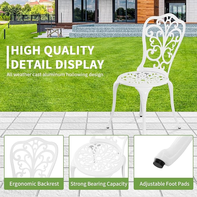 3 Piece Patio Set Outdoor Cast Aluminum Patio Bistro Table and Chairs Set of 2,All Weather Outdoor Bistro Sets with 1.97" Umbrella Hole for Front Porch Set,Garden(White) - LeafyLoom